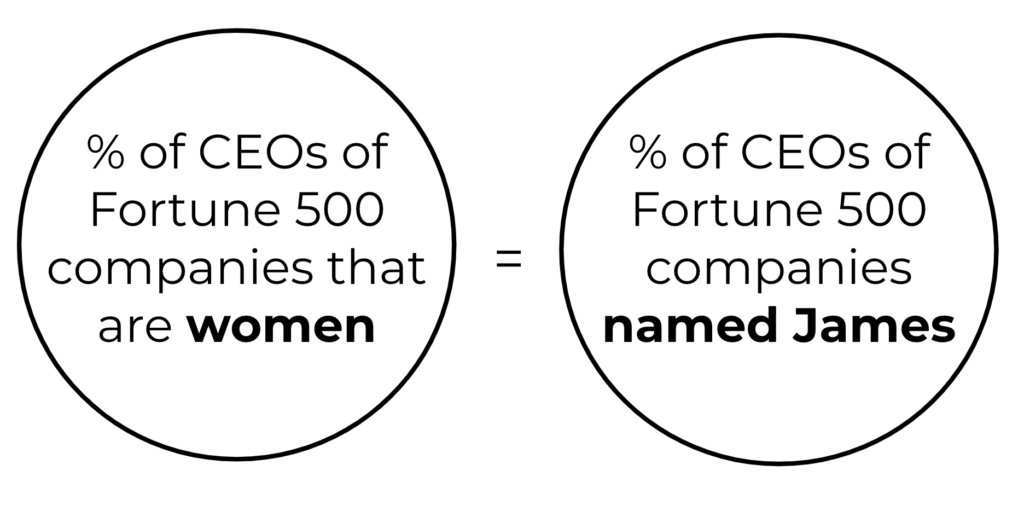 A graphic containing the following statistic:
The % of CEOs of Fortune 500 companies that are women = the % of Fortune 500 companies named James